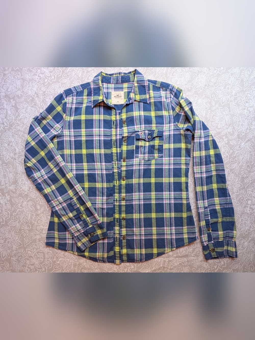 Hollister Button-Up Fitted Y2K Blue, Lime & Pink Plaid Shirt Women's Medium